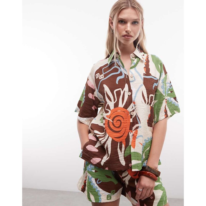 ASOS DESIGN short sleeve beach shirt co-ord in tropical abstract