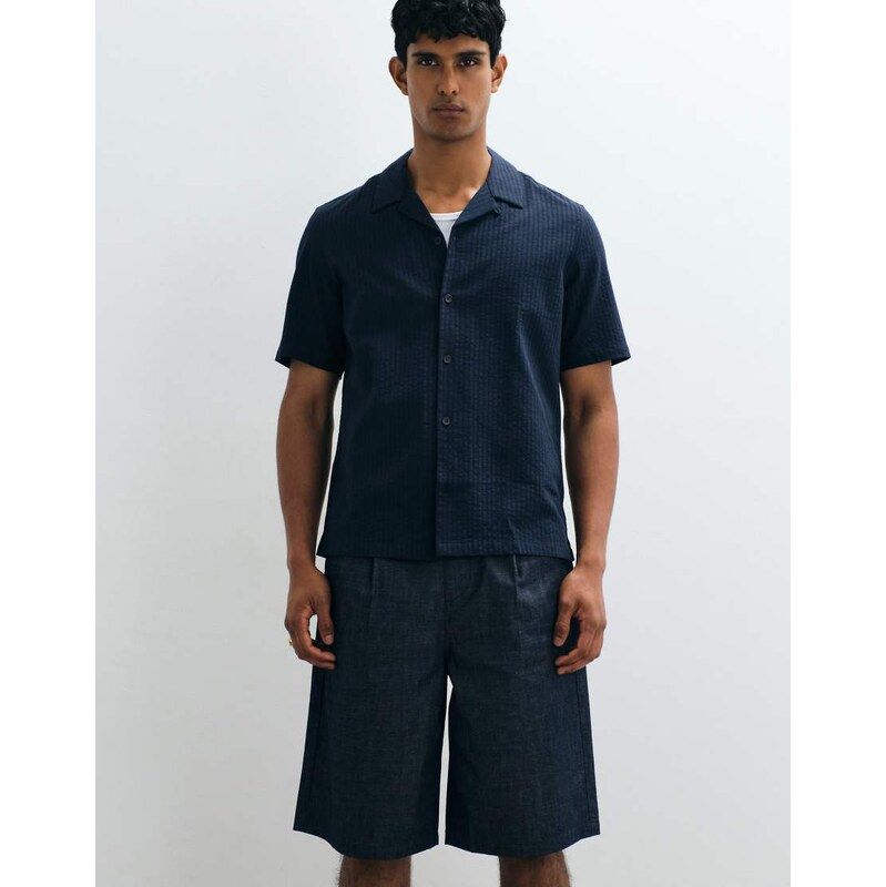 Mango regular fit short sleeve striped shirt in navy