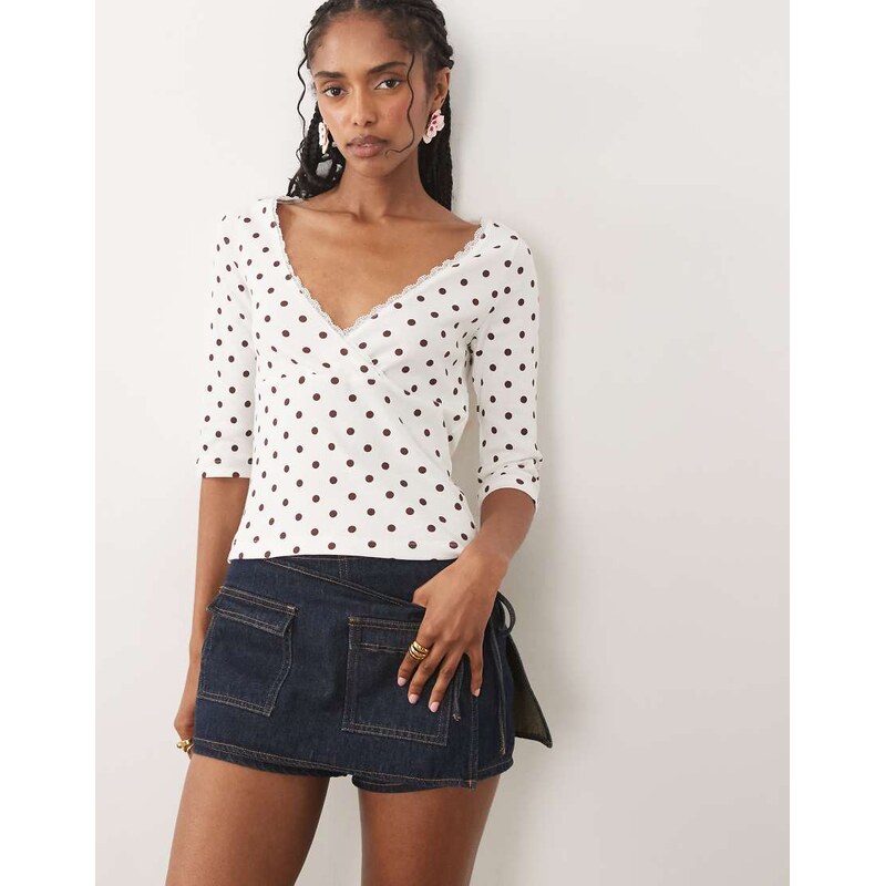 Miss Selfridge three quarter length sleeve wrap top in polka dot