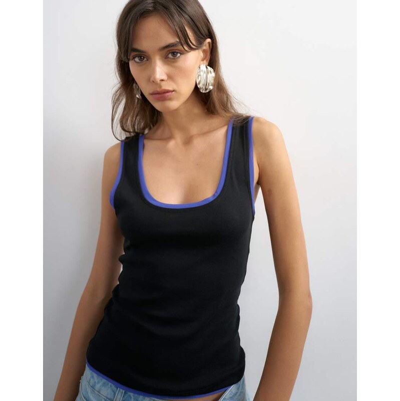 Topshop scoop vest with contrast mesh tipping in black and blue