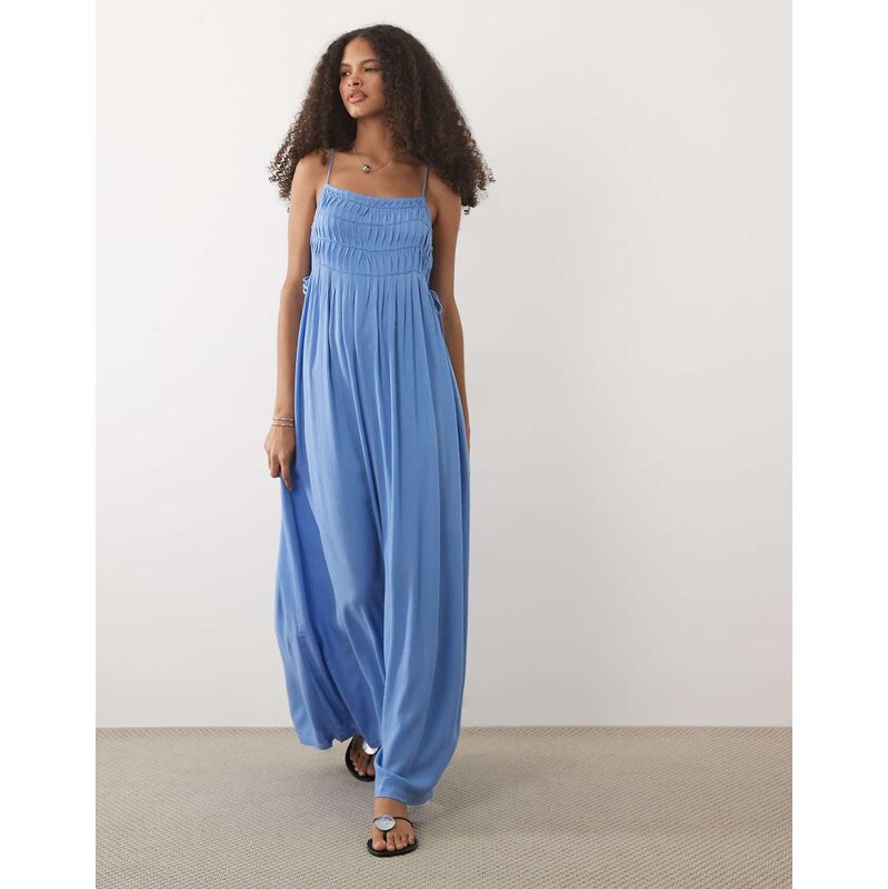 Mango Teen ruched strappy maxi dress in light blue