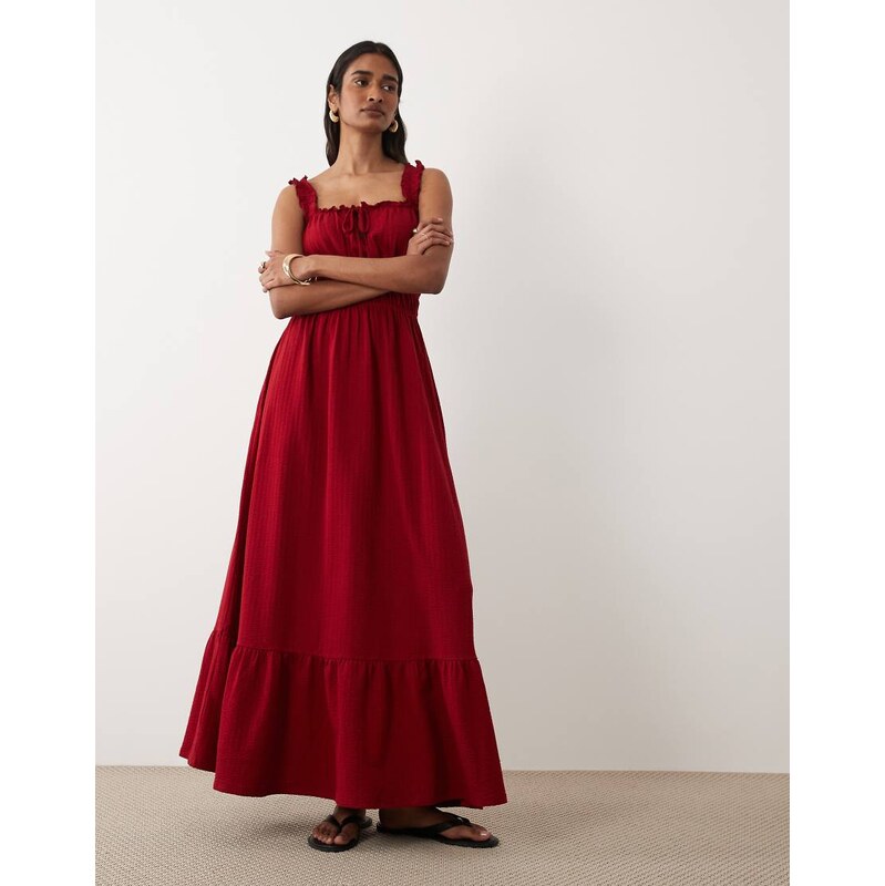 Miss Selfridge seersucker shirred detail maxi dress in cherry