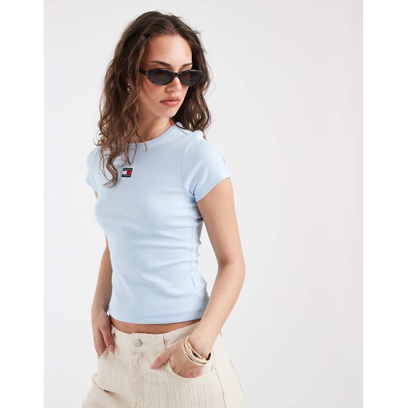 Tommy Jeans badge logo slim fit rib t-shirt in baby blue