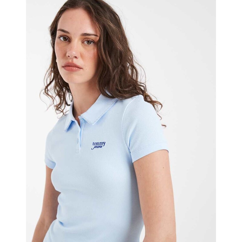 Tommy Jeans script logo slim fit rib polo shirt in baby blue