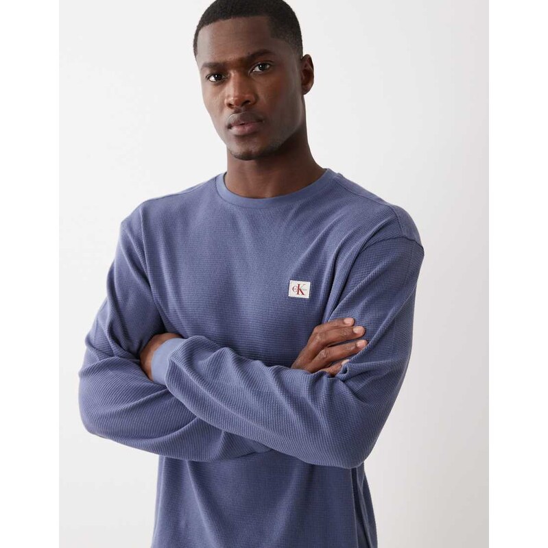Calvin Klein Jeans long sleeve waffle badge t-shirt in blue
