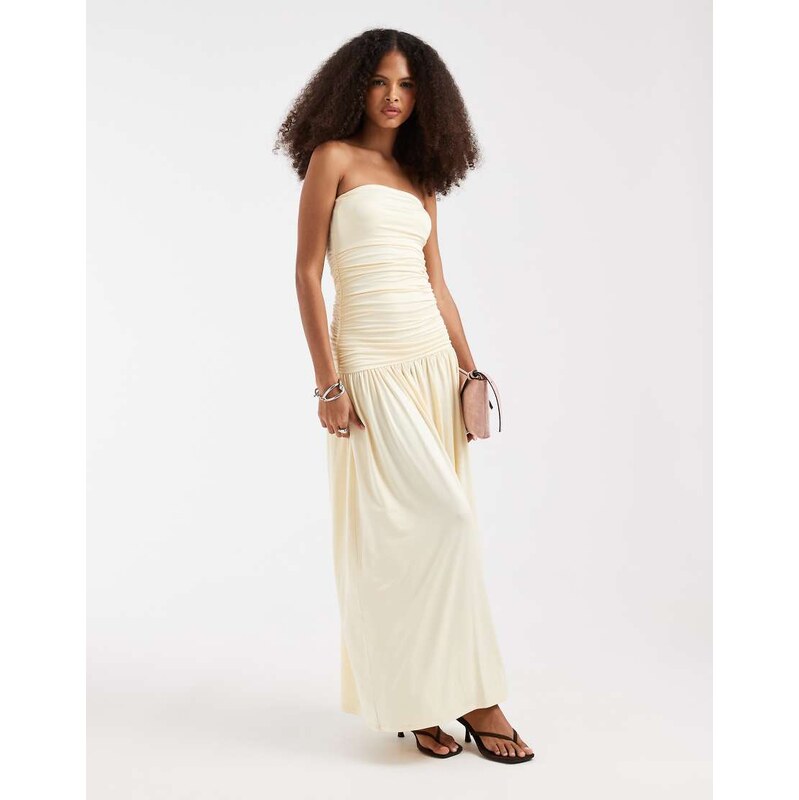 JJXX ruched bandeau maxi dress in butter yellow