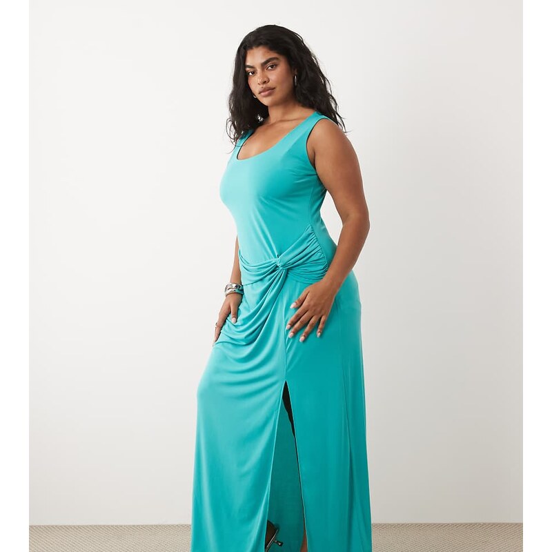 TFNC Plus slinky scoop neck knot detail split maxi dress in aqua