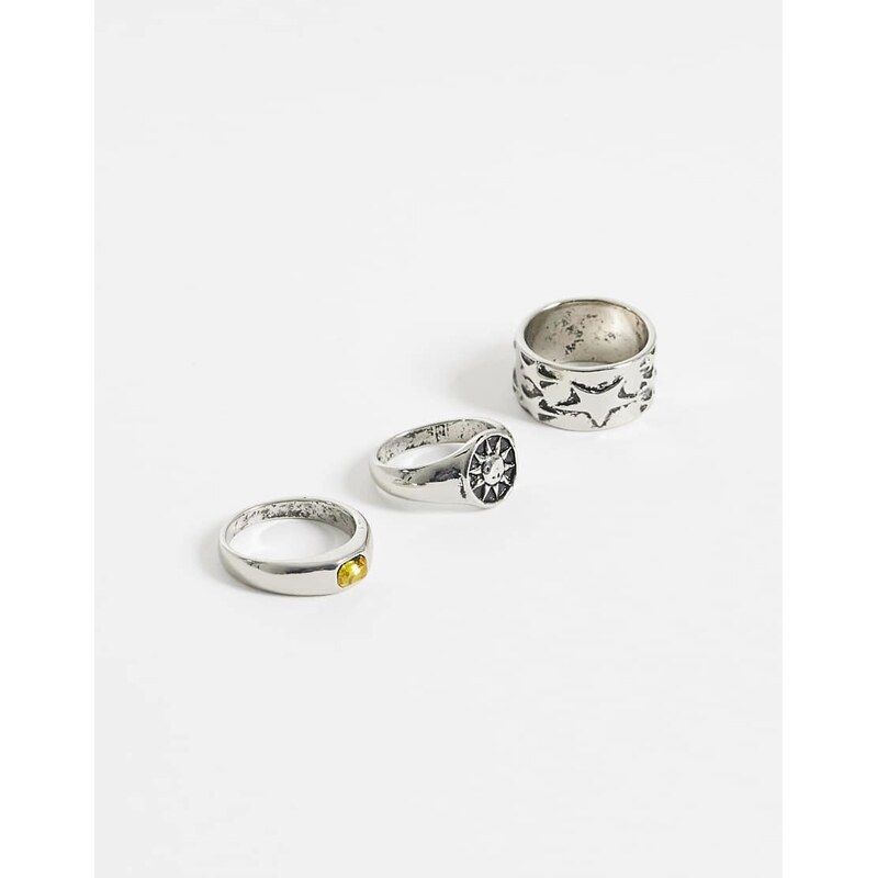 ASOS DESIGN 3 pack star sun and citrine stone rings in silver