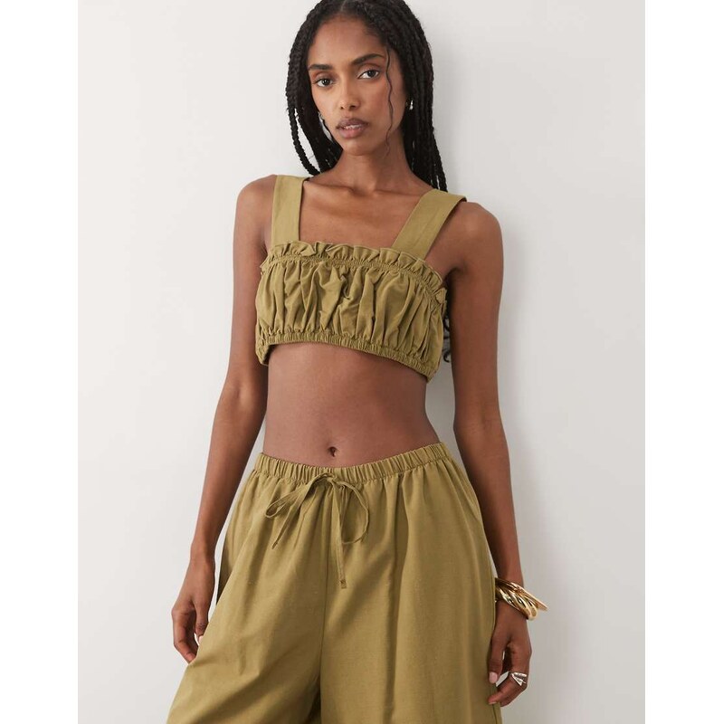 ASOS DESIGN linen blend ruched bralet in olive co ord-Green