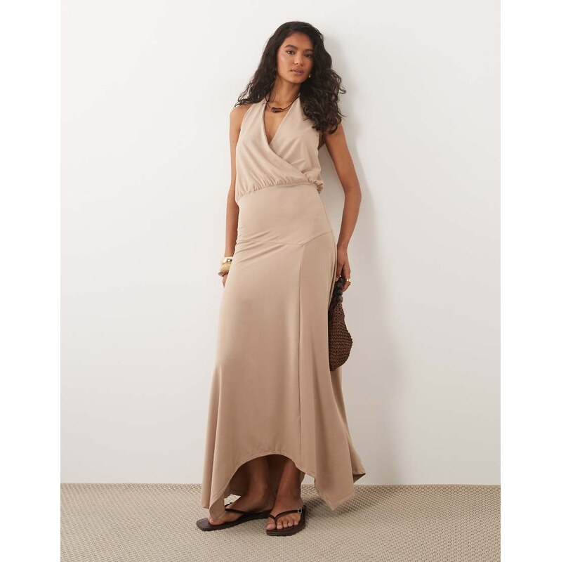ASOS DESIGN halter neck hanky hem midi dress in chocolate-Brown
