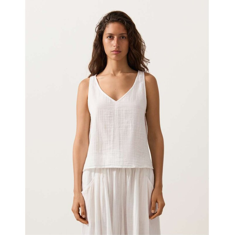 OYSHO 100% cotton v-neck strappy top in off-white