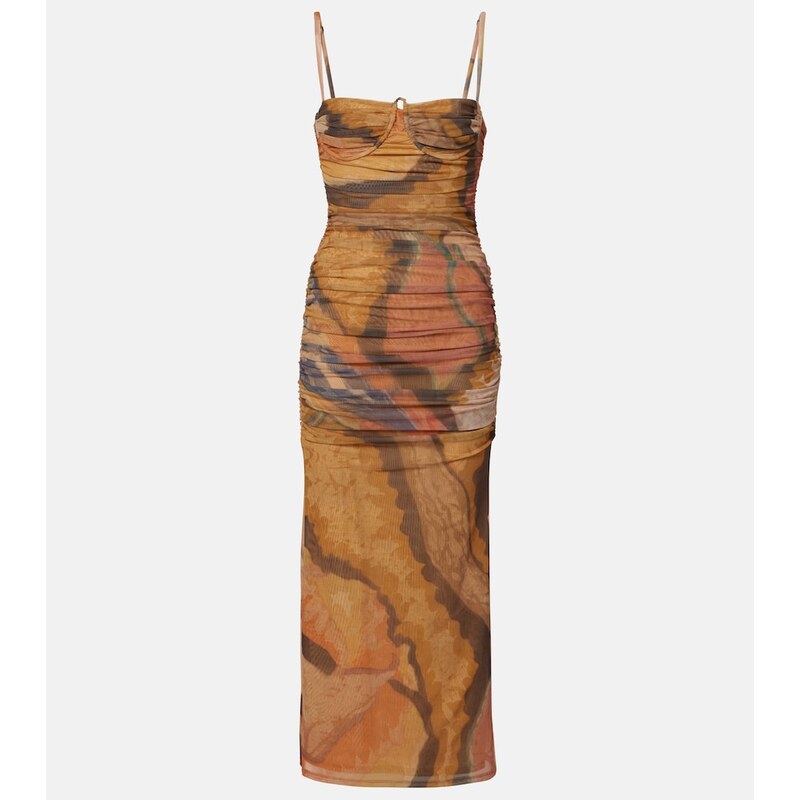 SIR Draped printed mesh midi dress