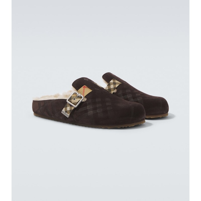Burberry Urchin kůžové pantofle s vlnou v barvě Moorhen Brown
