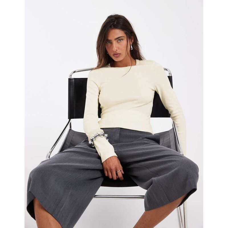 ASOS DESIGN clean fitted long sleeve top in ivory-White