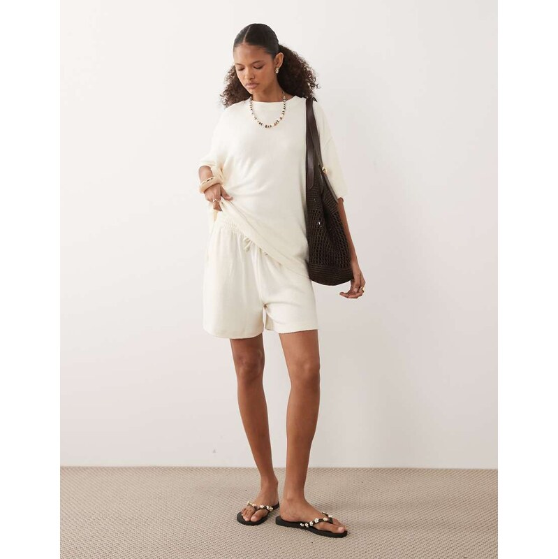 ASOS DESIGN textured knit runner short co-ord in cream-White