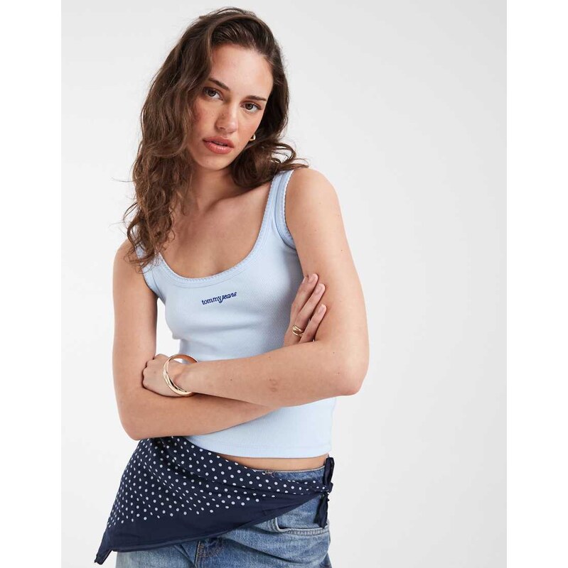Tommy Jeans script logo slim fit rib vest in baby blue