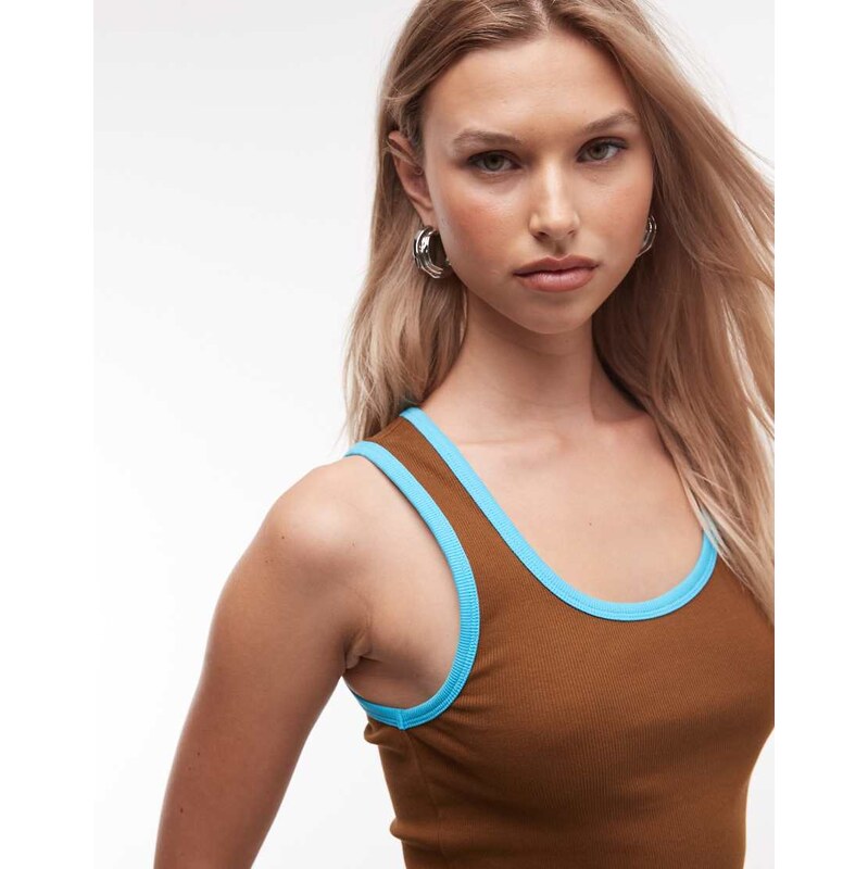 ASOS DESIGN scoop neck vest with contrast tipping in choc-Brown
