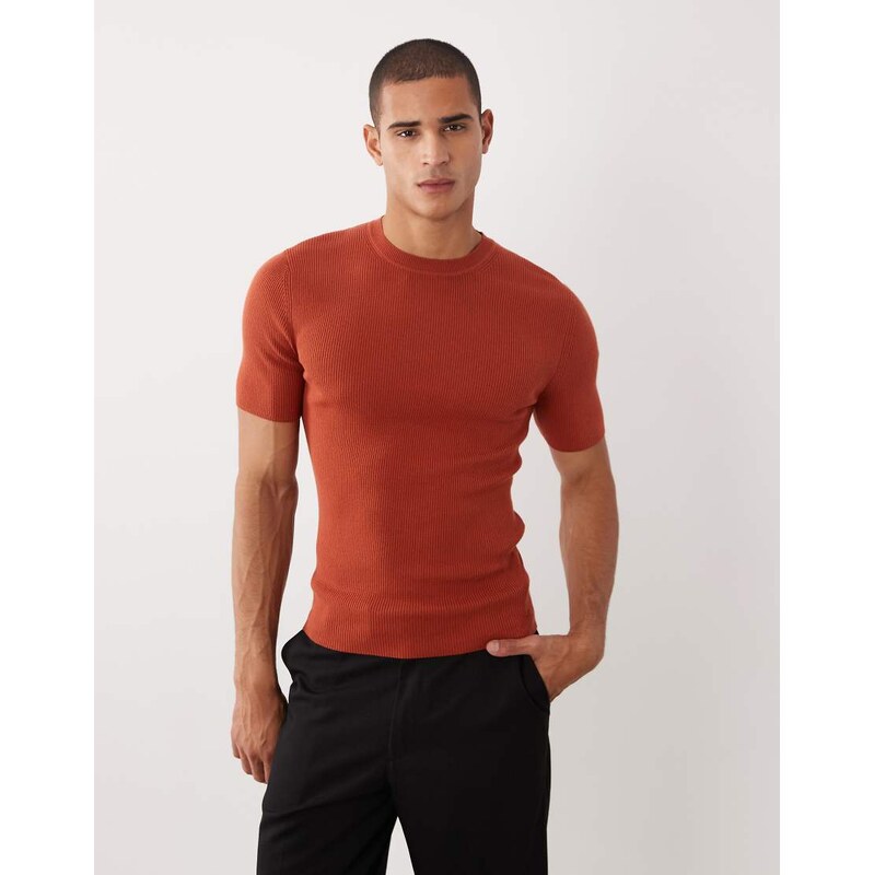 ASOS DESIGN Essential muscle-fit fine-rib knit crew-neck in rust
