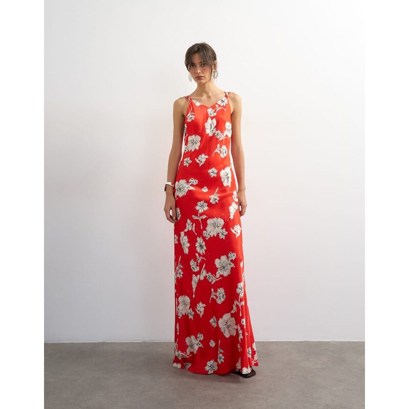 Topshop satin twist strap maxi dress in red floral