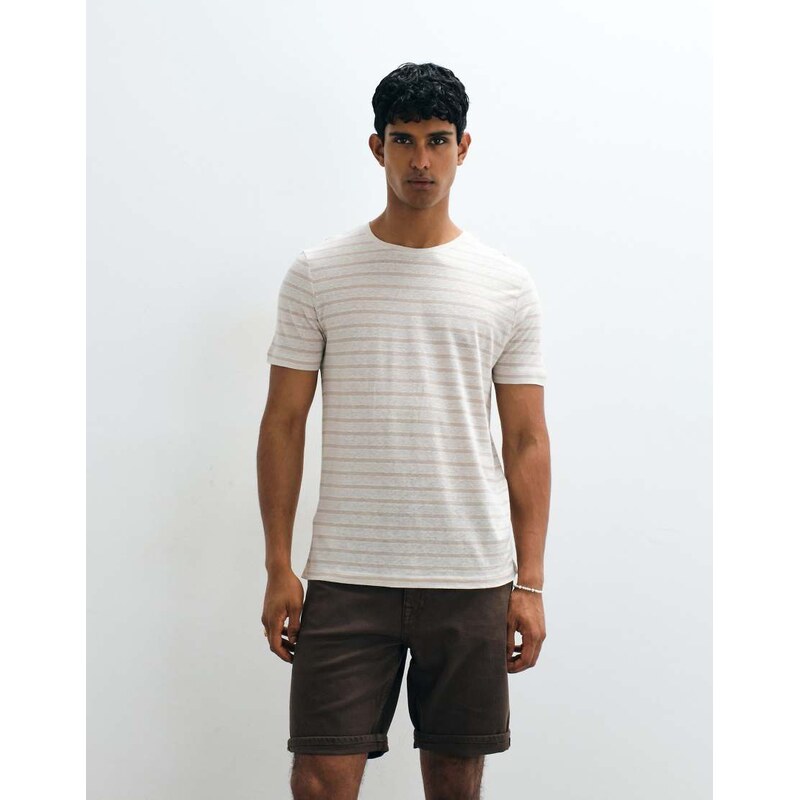 Mango linen mix striped t-shirt in beige-Neutral
