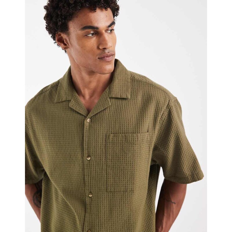ASOS DESIGN oversized revere waffle shirt in green