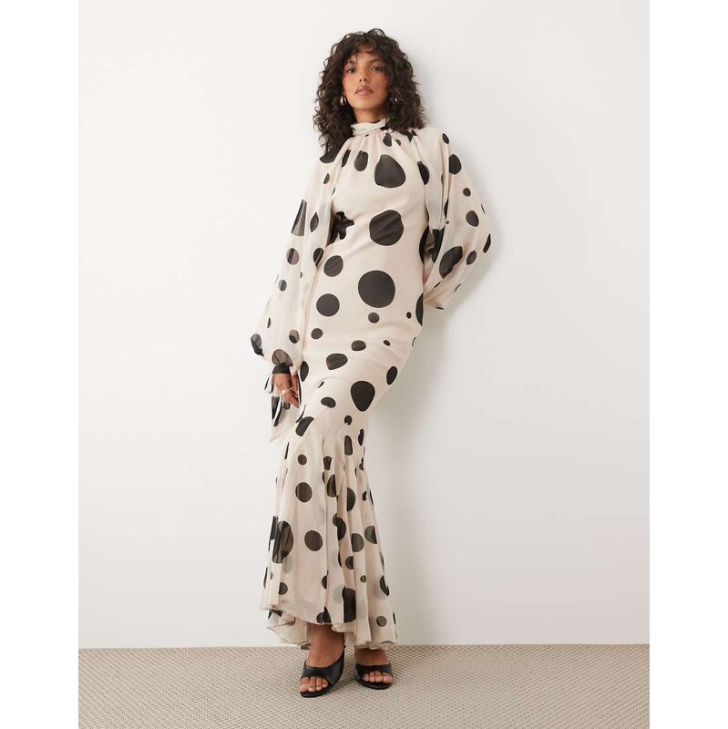 ASOS DESIGN high neck chiffon maxi dress with godet hem in polka