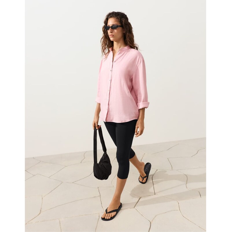 OYSHO 100% linen stand-up collar shirt in pink