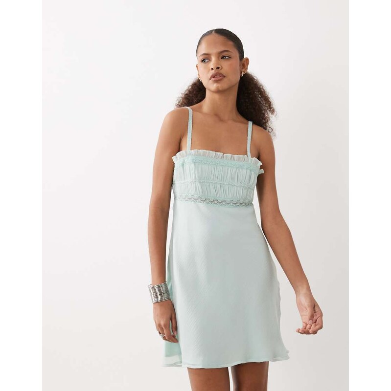 ASOS DESIGN cami mini dress with lace trim in sage-Blue