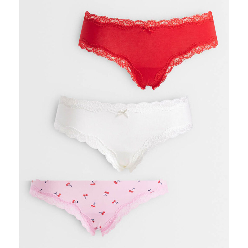 Lindex 3 pack lace trim brazilian briefs in pink cherry print