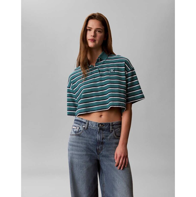 Calvin Klein Jeans cropped pique striped polo top in teal-Blue