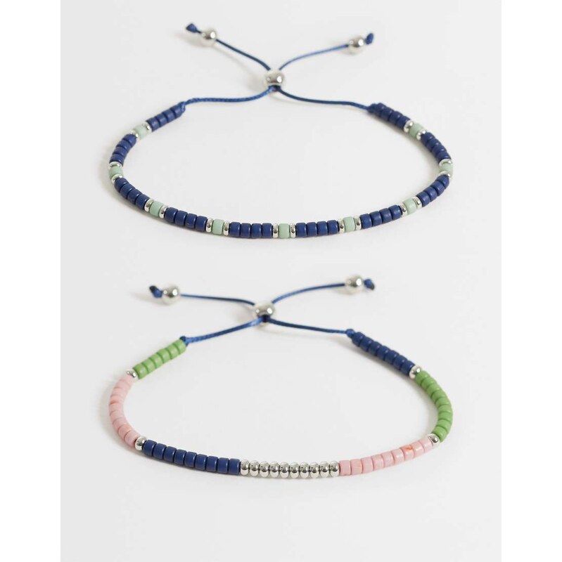 ASOS DESIGN 2 pack beaded navy bracelet in silver