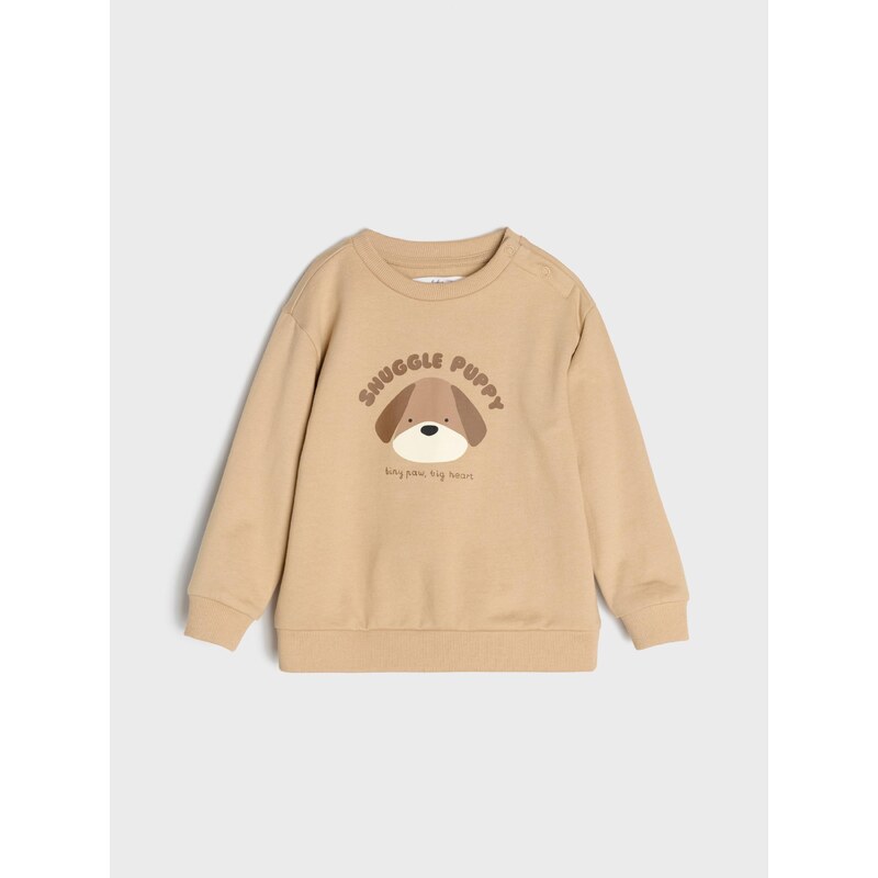 Sinsay - Bavlněná mikina crewneck s potiskem psa - béžová