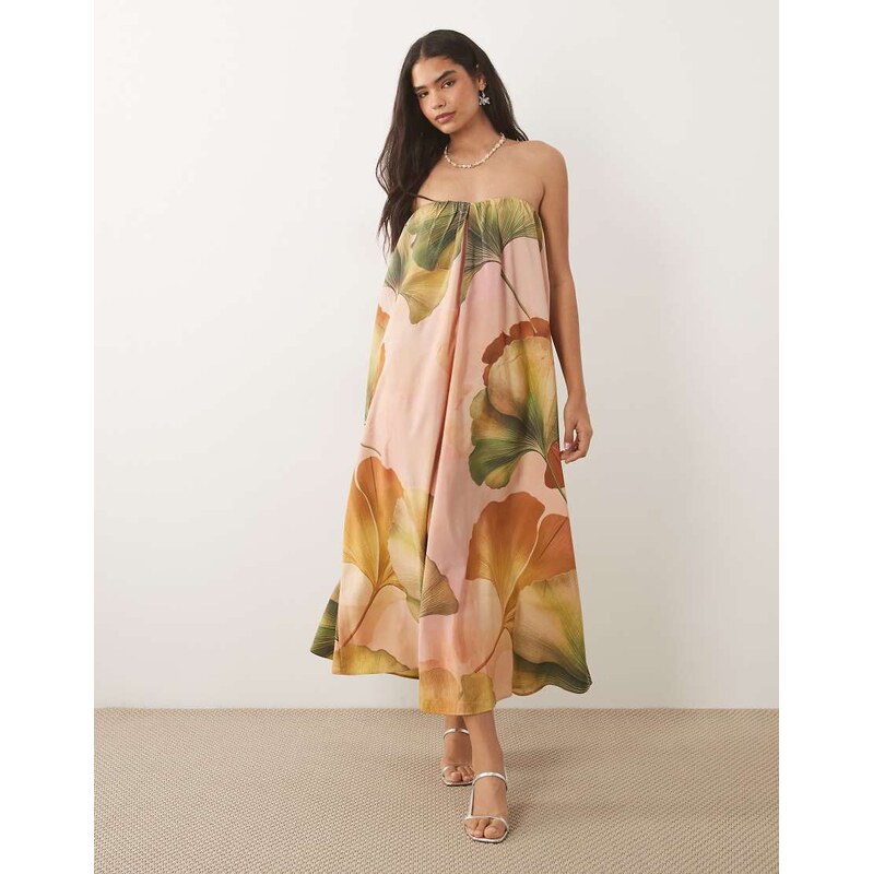 ASOS DESIGN bandeau ruched maxi dress in pink palm print-Multi