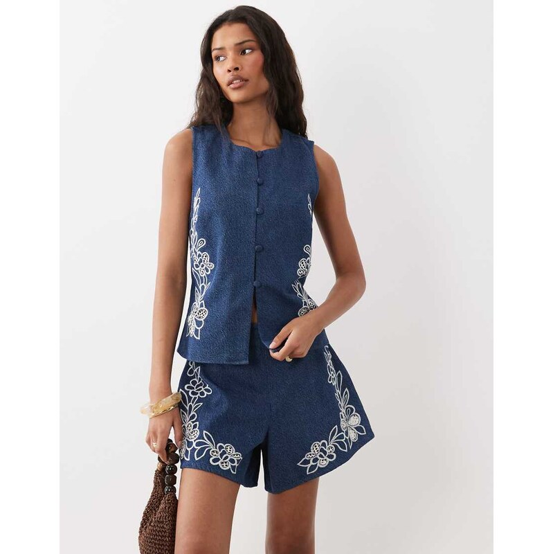 ASOS DESIGN denim sleeveless top with cutwork detail in mid blue