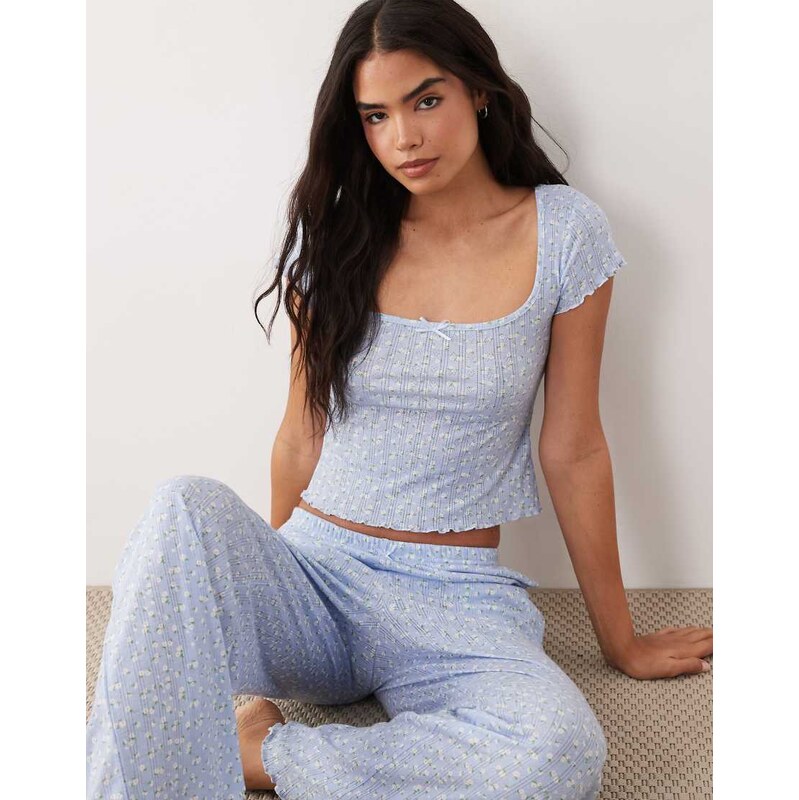 Brave Soul short sleeve pointelle trousers pyjama set in blue