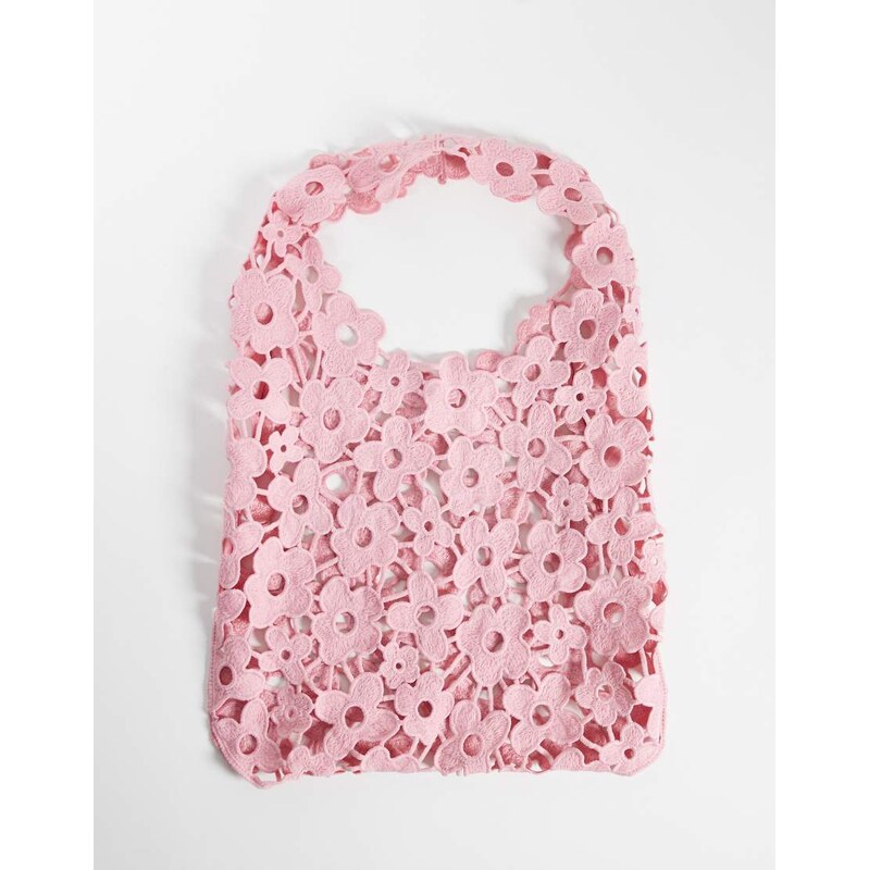 Pieces floral lace slouchy bag in light pink