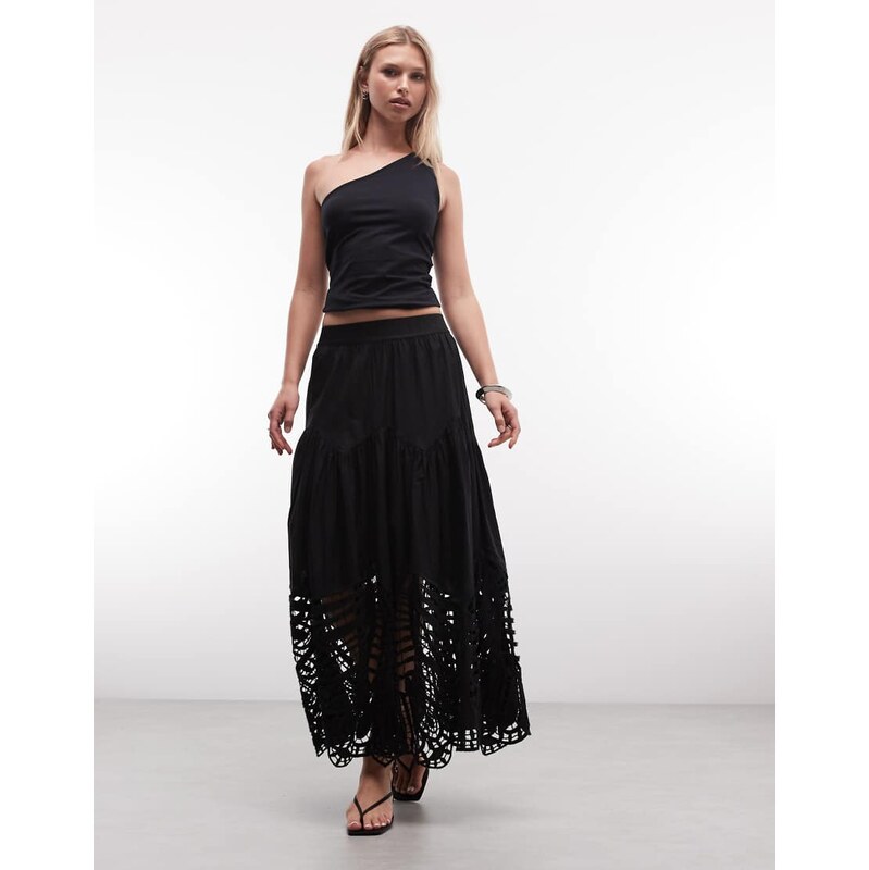 AllSaints Femi leaf cut out midi skirt in black