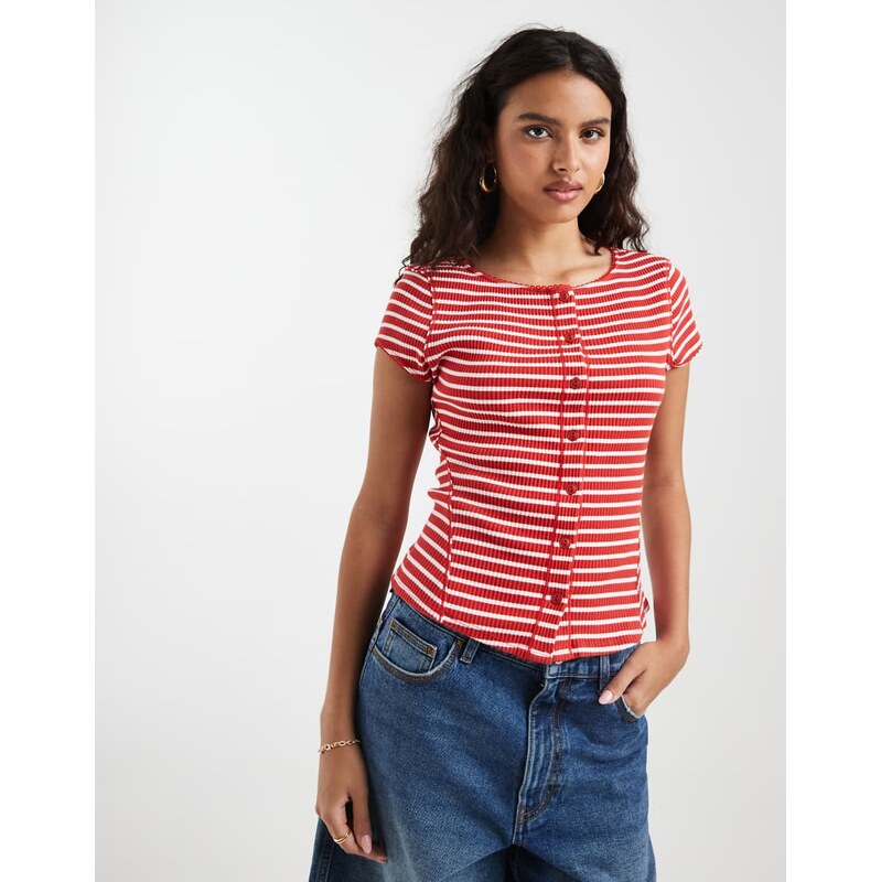 Free People most wanted ribbed button down top in red stripe