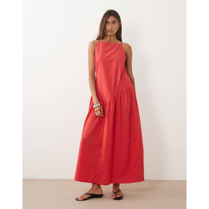 ASOS DESIGN poplin slash neck drop waist maxi dress in red