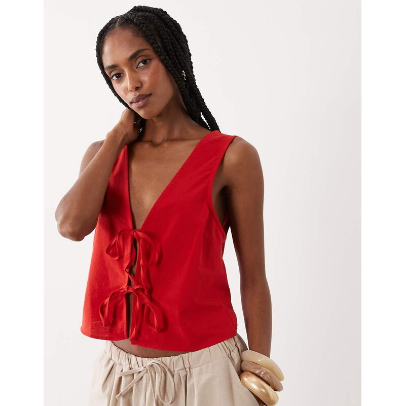 Miss Selfridge linen blend tie front top in red