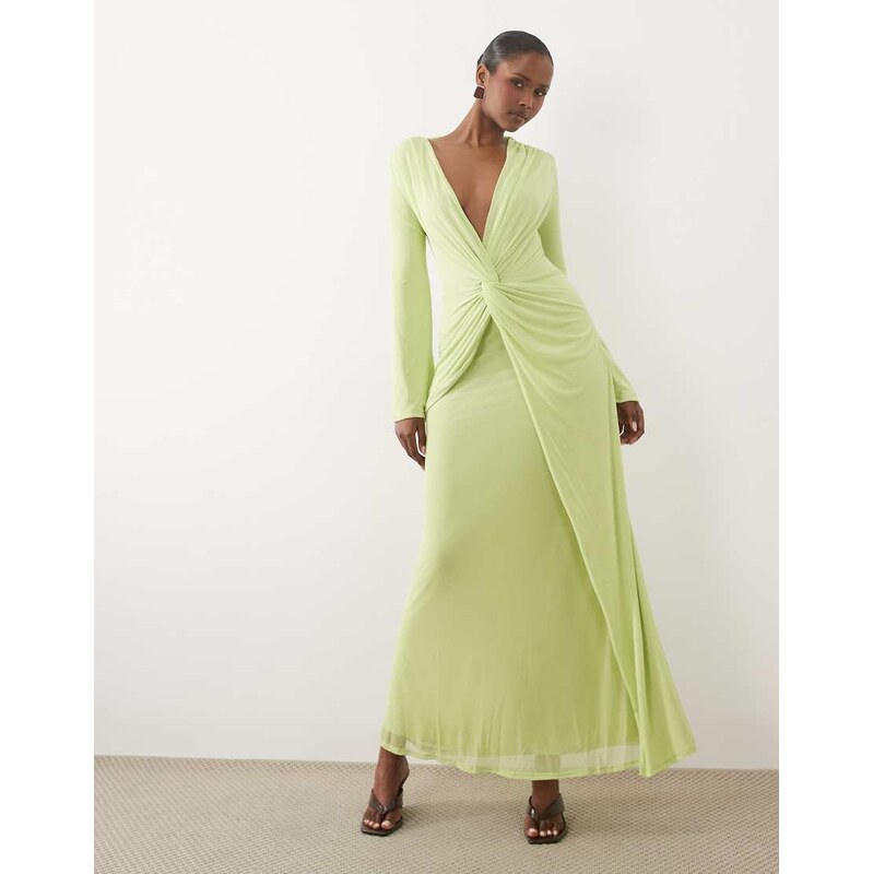 ASOS DESIGN mesh deep plunge long sleeve maxi dress with twist