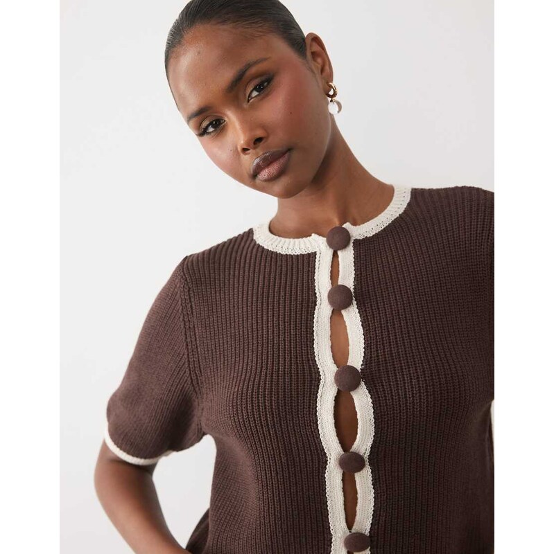 ASOS DESIGN knitted shrunken cardigan co-ord in ecru-Brown
