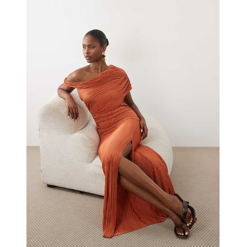ASOS DESIGN plisse off shoulder ruched detail maxi dress in rust
