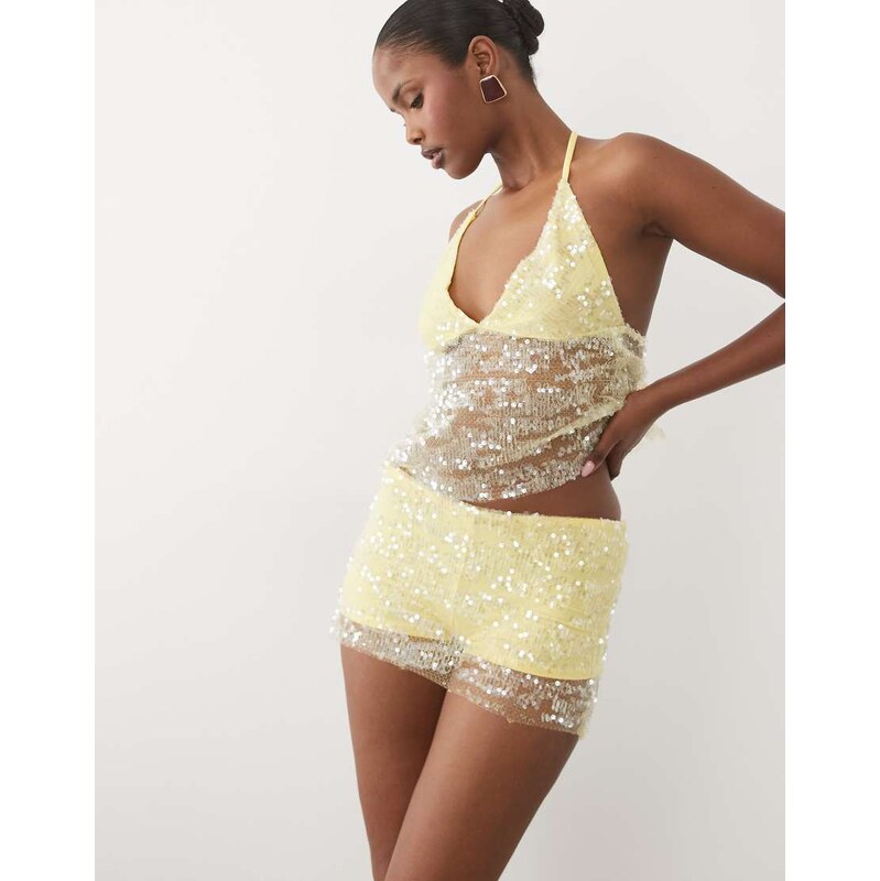 ASOS DESIGN slinky sequin co-ord shorts in green