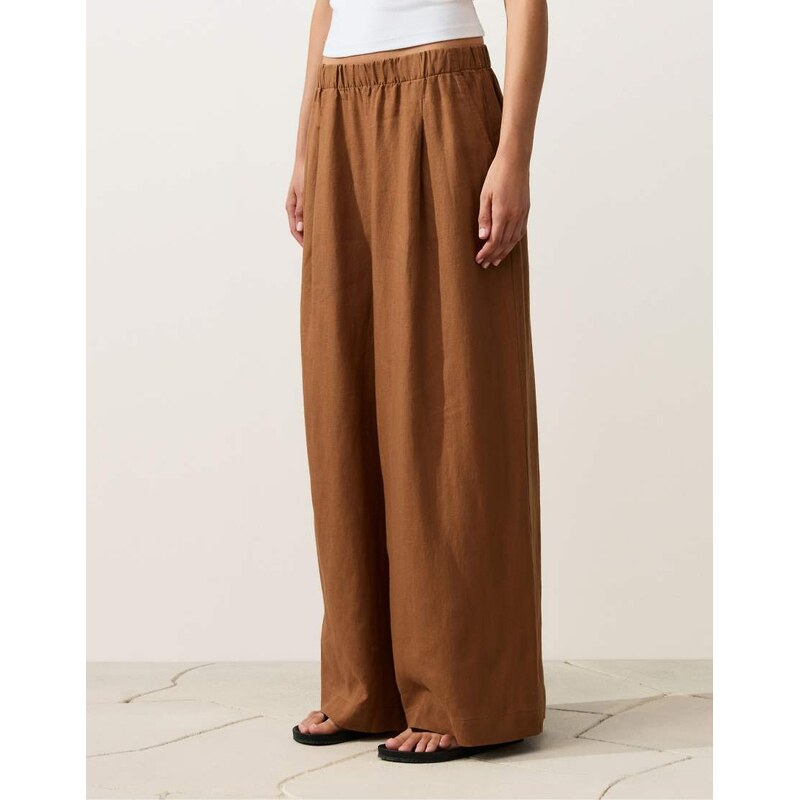 OYSHO 100% linen wide leg trousers in brown