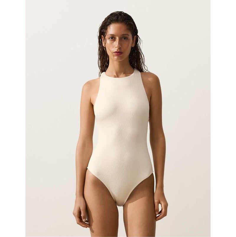 OYSHO Braided halterneck swimsuit in ecru-Neutral