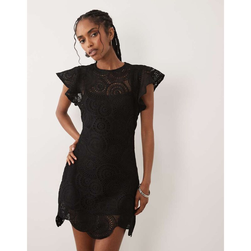 ASOS DESIGN crochet flutter sleeve mini dress in black