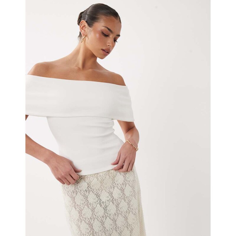 ASOS DESIGN compact cotton bardot top in cream-White