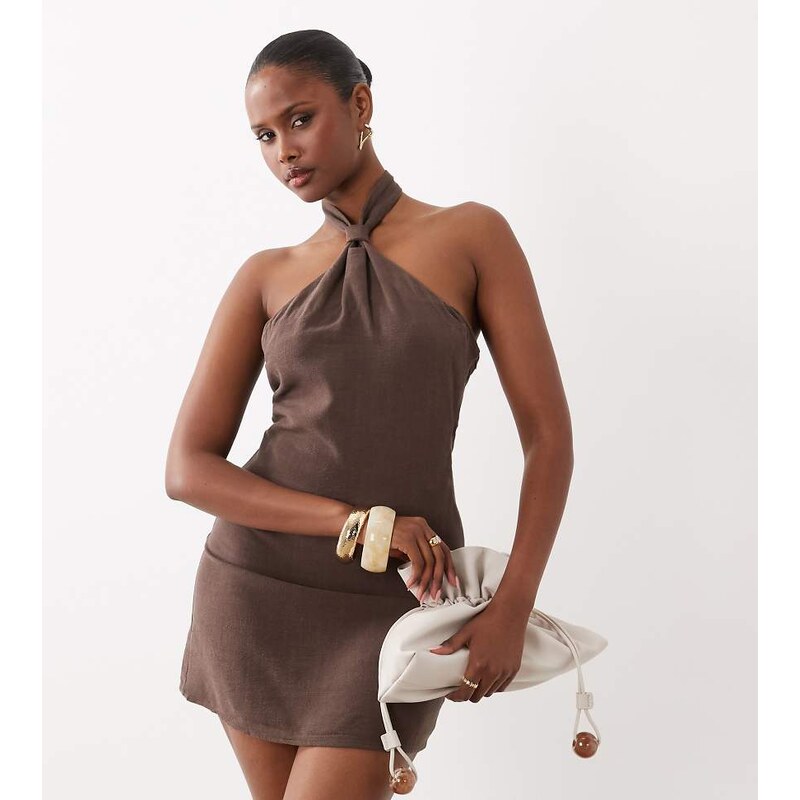 The Frolic exclusive linen feel knot front halterneck mini dress