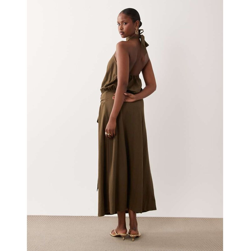 ASOS DESIGN linen look halter neck bubble hem maxi dress in